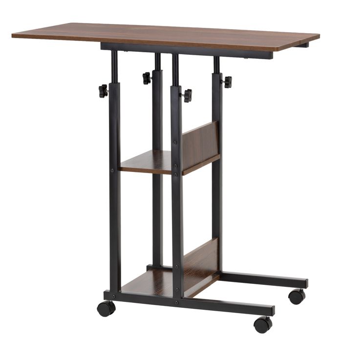 Table d'ordinateur portable mobile sur roulettes, réglable en hauteur 76–86 cm – marron foncé