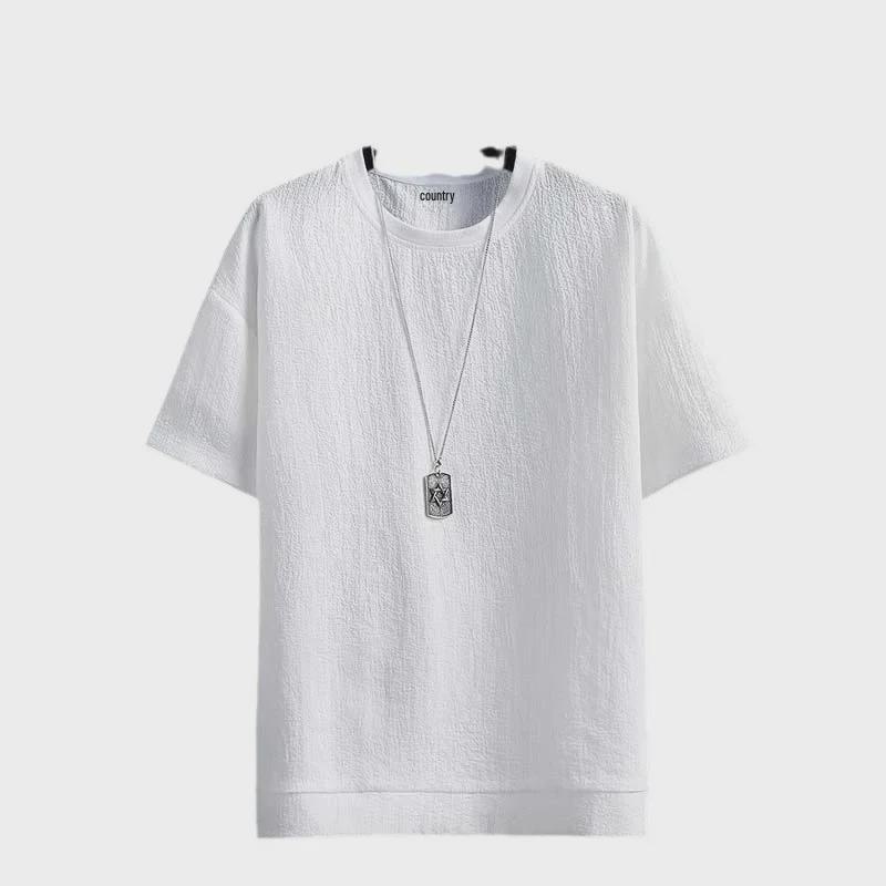 Pánské letní jednobarevné lněno-bavlněné tričko s krátkým rukávem