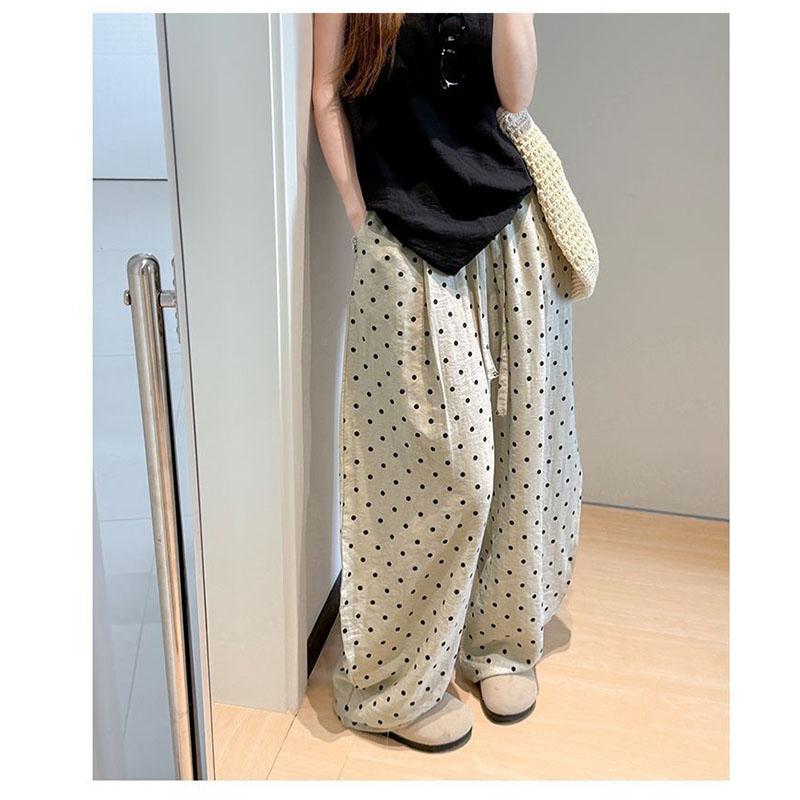 Women's Breathable Linen Polka Dot Banana Pants Summer Casual Trousers Elastic Waist Drawstring Wide-Leg Pants