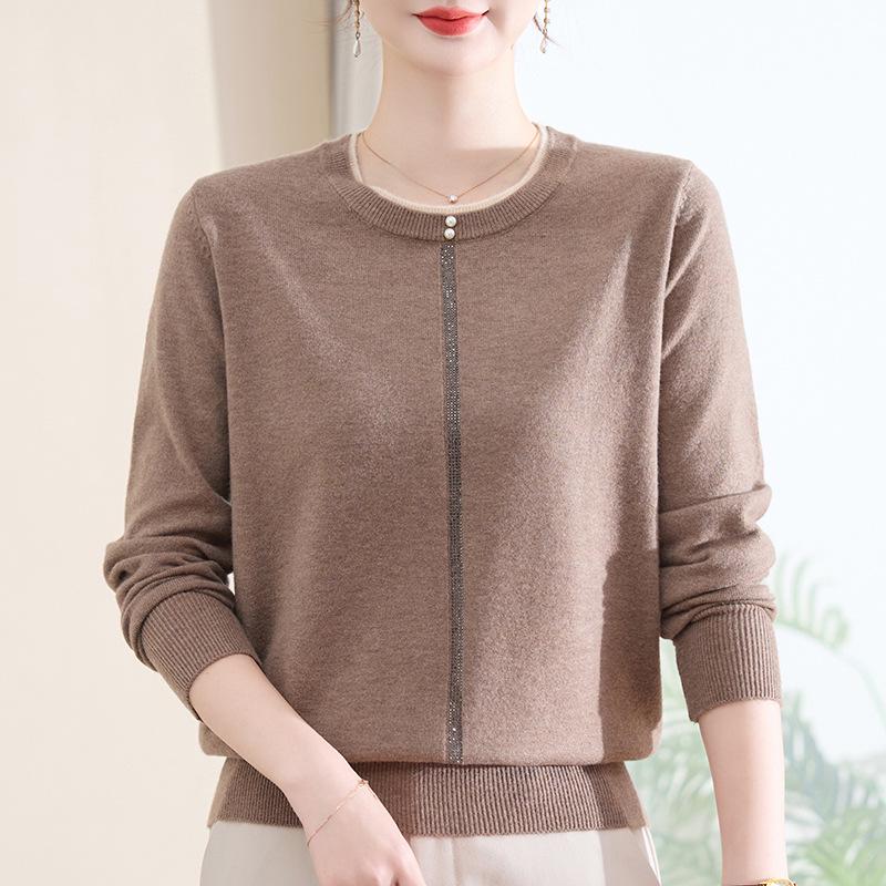 

Spring Color Block Faux Two-Piece Rhinestone Knit Sweater: Comfortable Long Sleeve Top for Middle-Aged & Elderly Women 4XL [130-140 lbs]