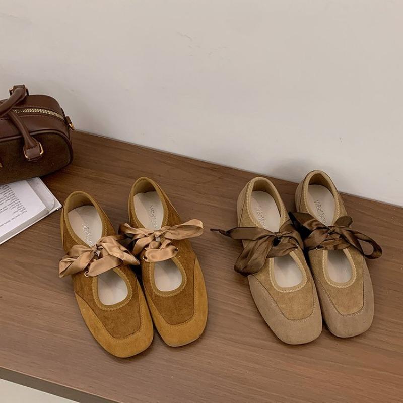 Gentle Shallow Mouth Square Head Mary Jane Shoes Women's Autumn and Winter New Lace-up Single Shoes Women's Flat Ballet Shoes