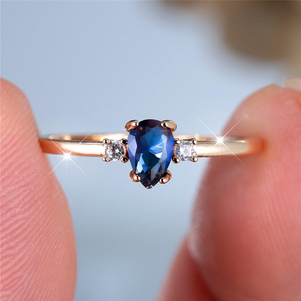 

Charm Female Blue Zircon Stone Water Drop Ring Vintage Gold Color Wedding Jewelry For Women 9