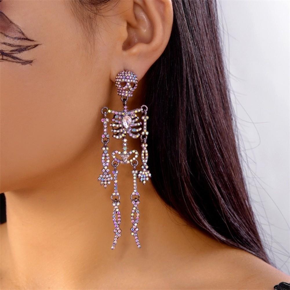 Full Rhinestone Halloween Skeleton Earring Exaggerated Punk Gift Women's Earrings Festival Party Jewelry Skull Dangle Earrings