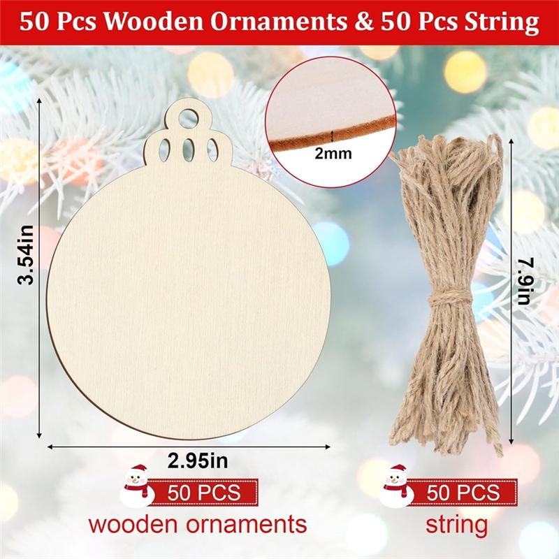50 STÜCK Holz-Weihnachtsornamente, 3 Zoll DIY Holzornament zum Basteln, Unfertiges Holzornament zum Bemalen, Blanko Rund