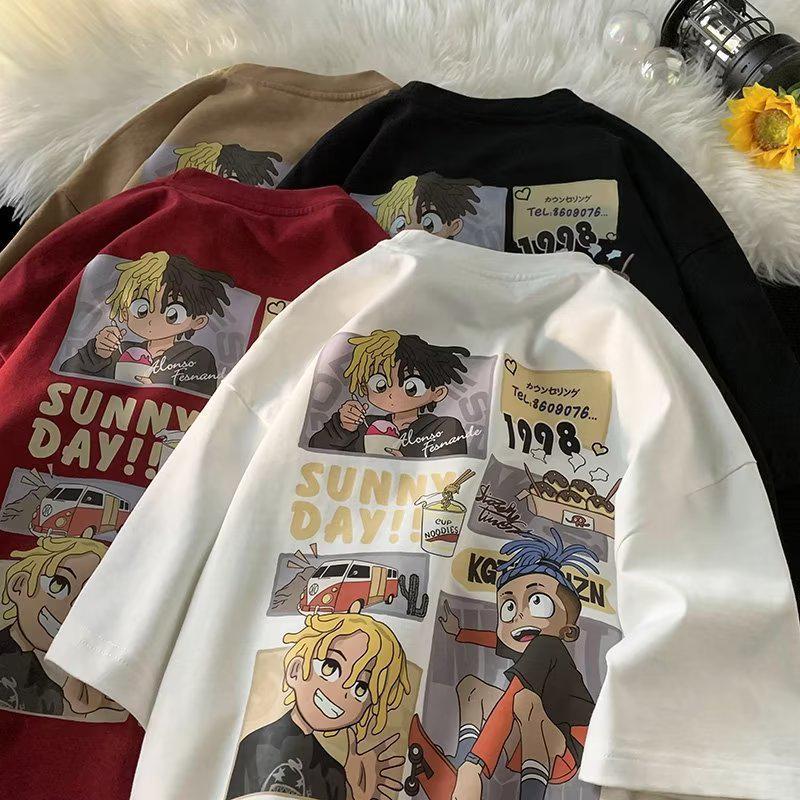 Cartoon Print Oversized Heavyweight Cotton T-Shirt - Summer Loose Fit Short Sleeve