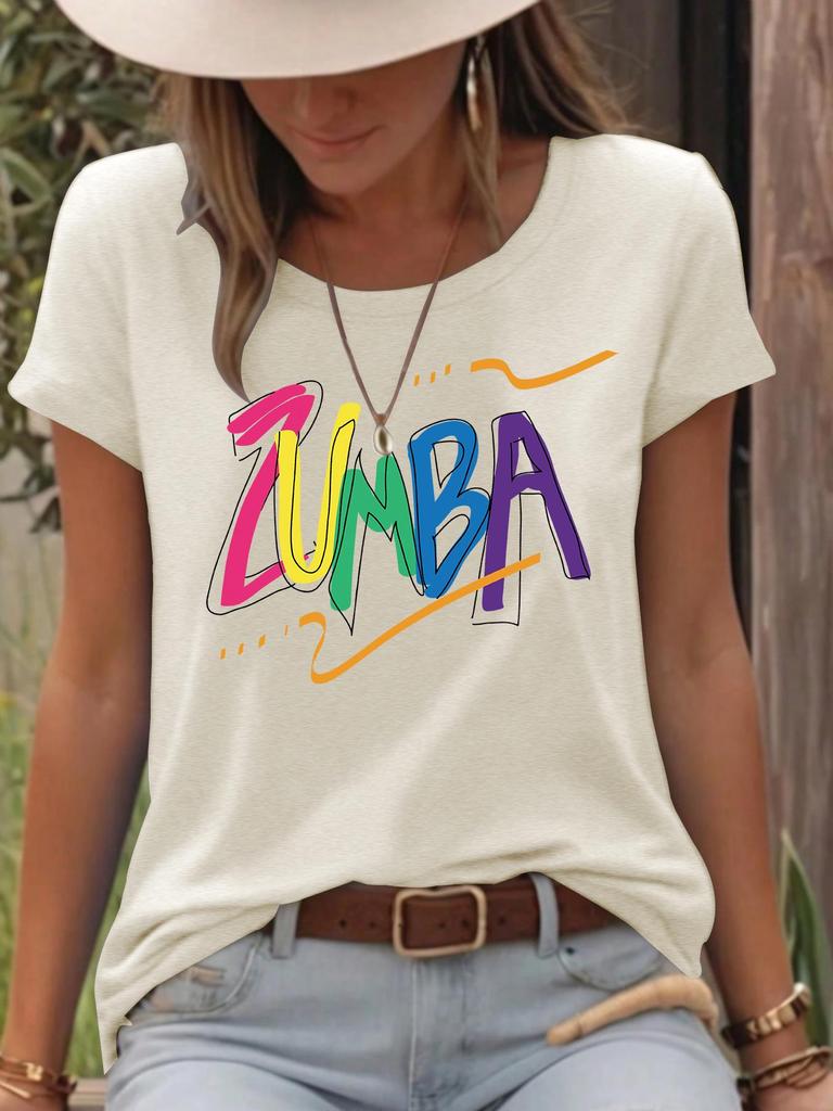 Damen Buntes ZUMB Print Locker Geschnittenes Kurzarm T-Shirt