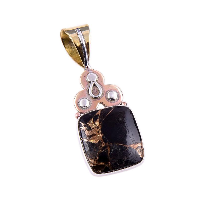 Natural Black Copper Turquoise 925 Solid Silver Gift TwoTone Pendant 1.75" o3V06