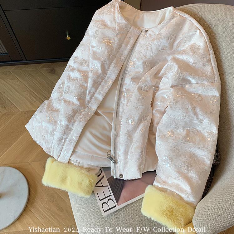 2024 Winter Women's Sequin Embroidered Down Jacket with Mink Velvet Splice - New Chinese National Style
