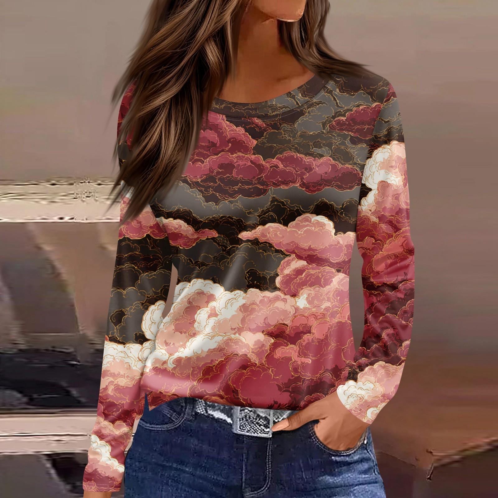 

Женская мода повседневный топ с цветочным принтом и круглым вырезом, длинными рукавами XXL кофейный