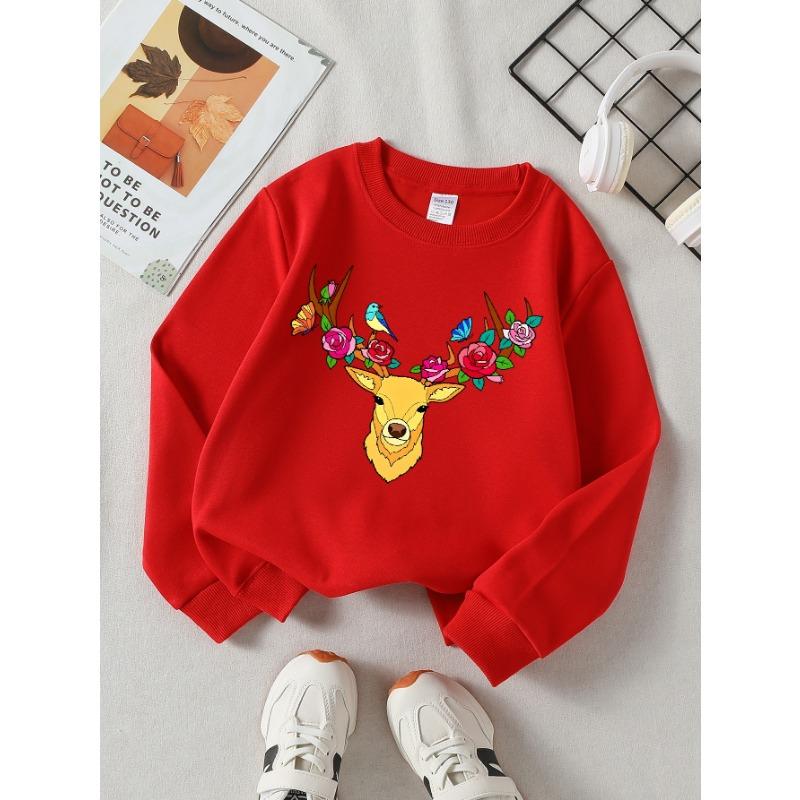 European sizes Girls Soft Crewneck Sweatshirt Deer Head with Roses And Birds Print, Casual for Fall Winter, Ideal Holiday Present.