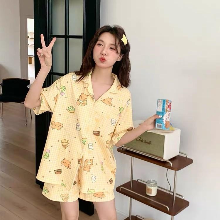 Yellow plaid bear pajamas women's summer new short-sleeved sweet high-value loungewear girl princess style suit