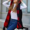 Women Sleeveless Fleece Vest Hooded Plaid Open Front Loose Fit Outerwear Coat Vest Red L