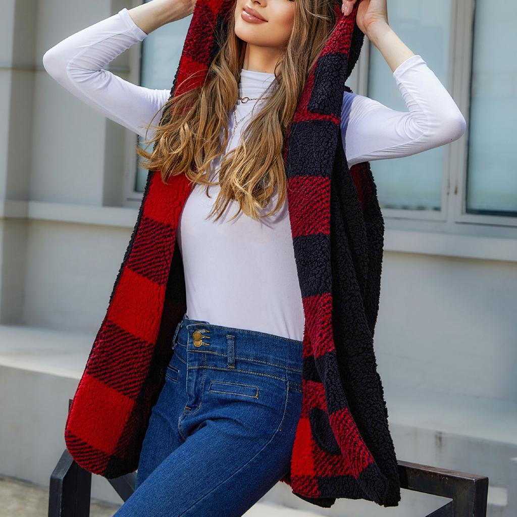 Women Sleeveless Fleece Vest Hooded Plaid Open Front Loose Fit Outerwear Coat Vest Red L