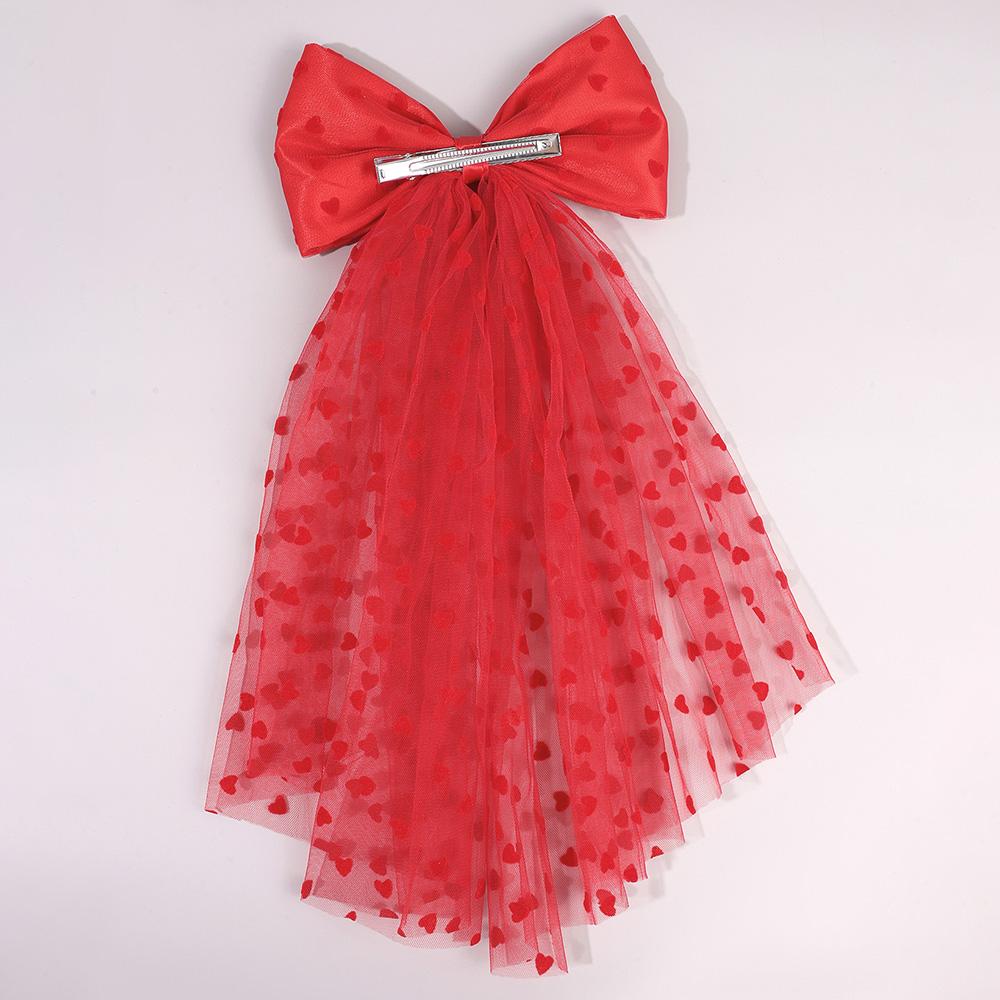 Heart Print Mesh Bow Hair Clips For Women Romantic Red Tull Ponytail Hairpins Girls Valentine's Day Headwear Hair Accessories