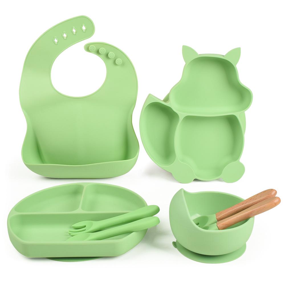 Silicone Baby Bowl & Spoon Set with Wooden Handle and Suction Cup
