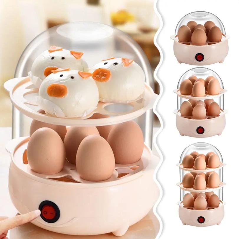 Automatic Power Off Egg Boiler Mini Multi-layer Breakfast Machine with Measuring Cup Egg Poacher for Home Dormitory