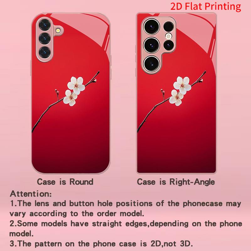 2DFlat Samsung electroplated tempered glass phone case,White Flower on Red Background Phone CaseSuitable for Galaxy S26 S23 S24FE S25ULTRA S22 S21