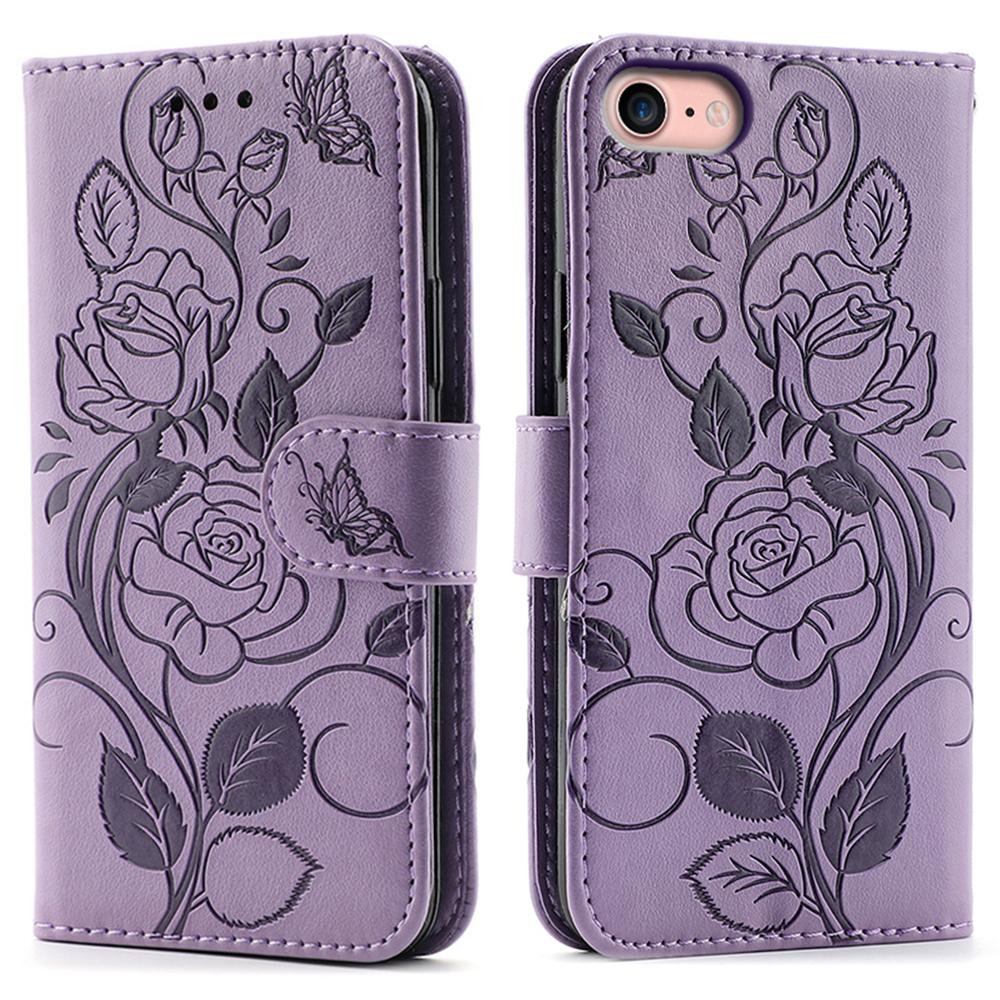 For iPhone 16e Case Wallet Stand Imprinted Rose Butterfly PU Leather Phone Cover