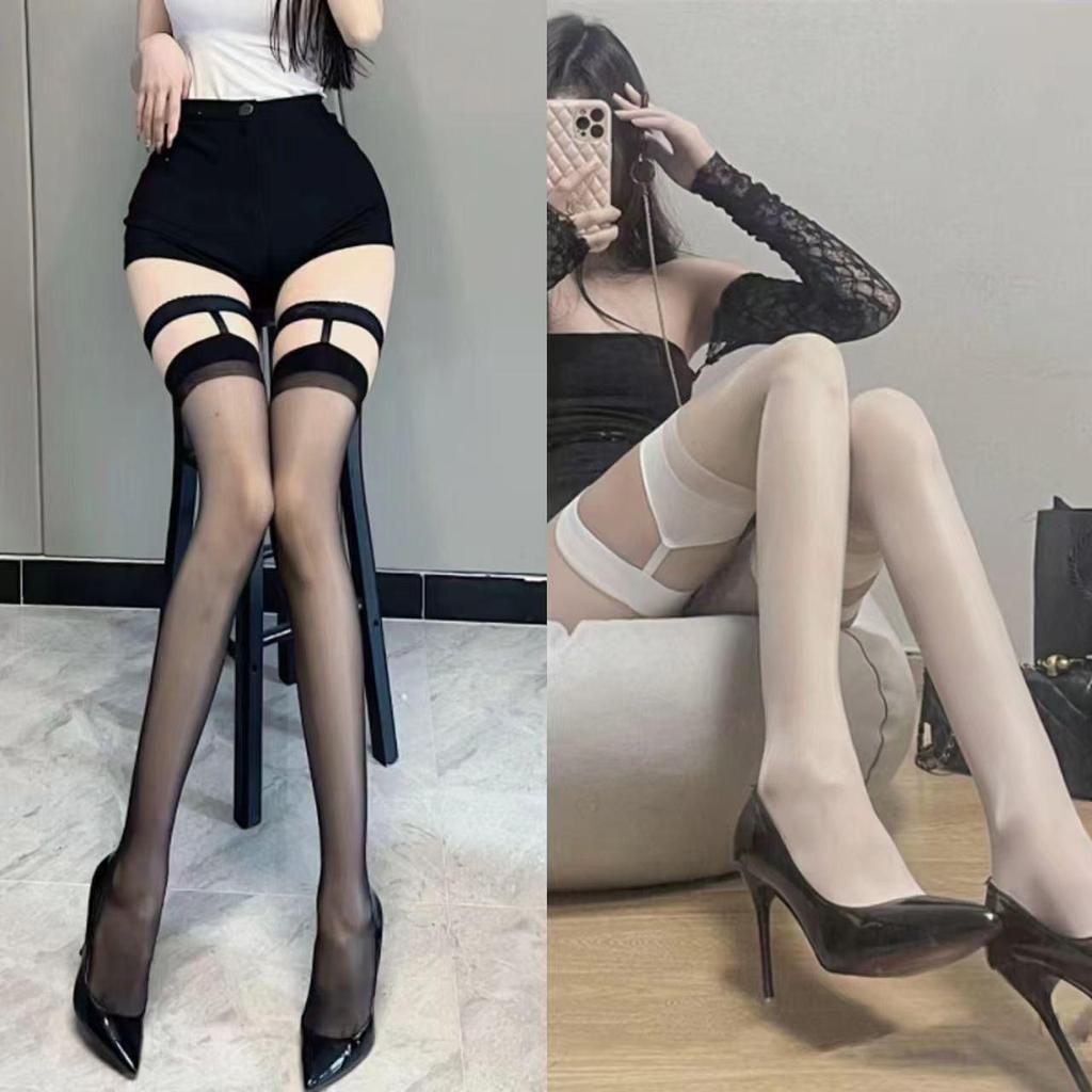 Ultra-Thin Black Silk Thigh-High Suspender Stockings for Women