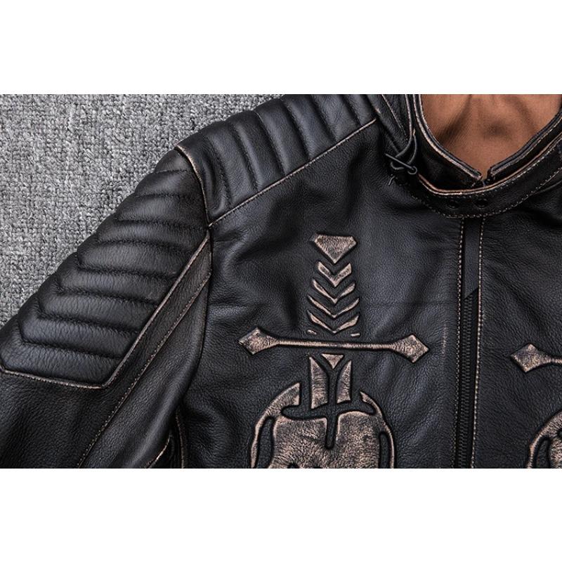 Kurtka motocyklowa Vintage w rozmiarze chińskim Czaszka 100% skóra bydlęca Slim Fit męska skórzana kurtka Zniszczona kurtka motocyklowa zimowa M203