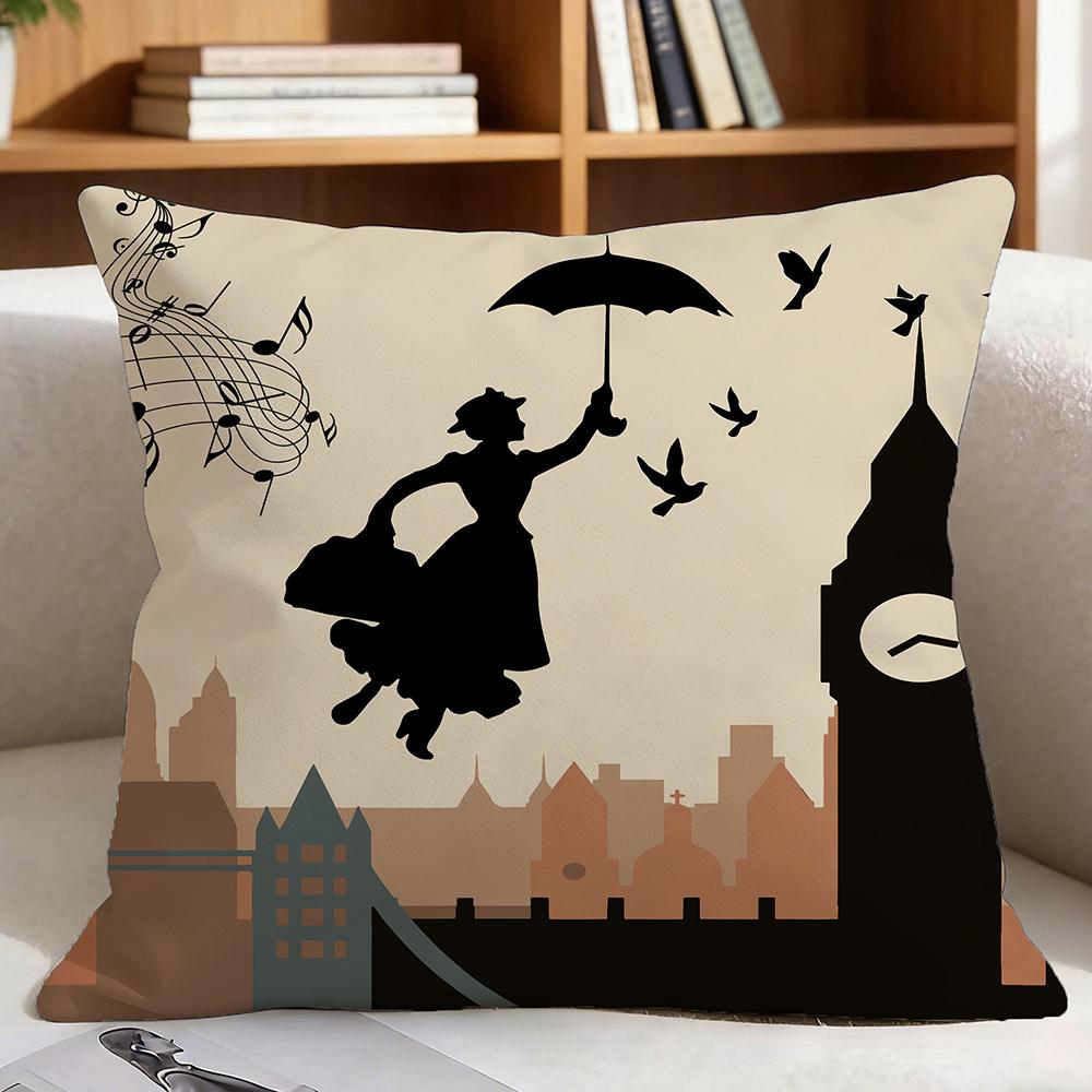1pc Mary Poppins Silhouette Throw Pillow Cover, London Cityscape with Big Ben & Umbrella Design, Decorative Pillowcase for Home