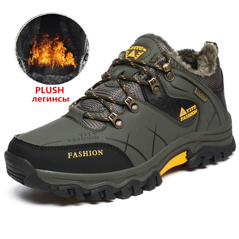 Brand Men's Winter Snow Boots Plush Warm Ankle Boots Waterproof Leather Sneakers Outdoor Male Hiking Boots Work Shoes Size 39-47