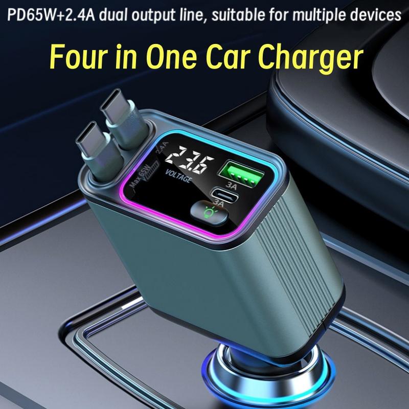 Four in One Dual Telescopic Cable Automatic Storage, Racing Atmosphere Light Voltage Display, Car Charger, Super Fast Charging