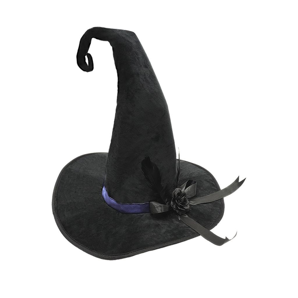 Halloween Witch Hat With Wide Black Flower Feather Velvet Halloween Costume Accessories For Women