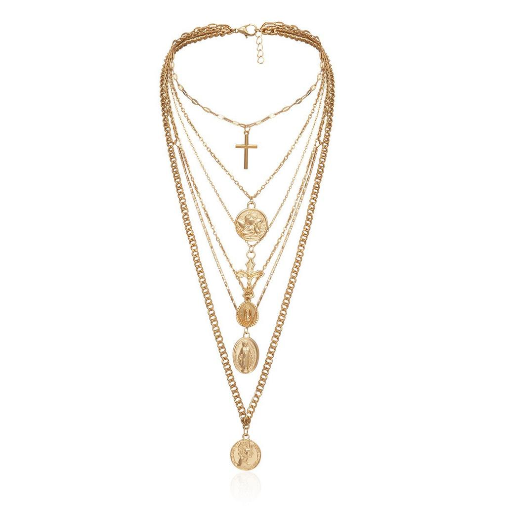 European and American Accessories, Personalized Geometric Cross Embossed Necklace, Exaggerated Retro Multi-layered Long Portrait Necklace