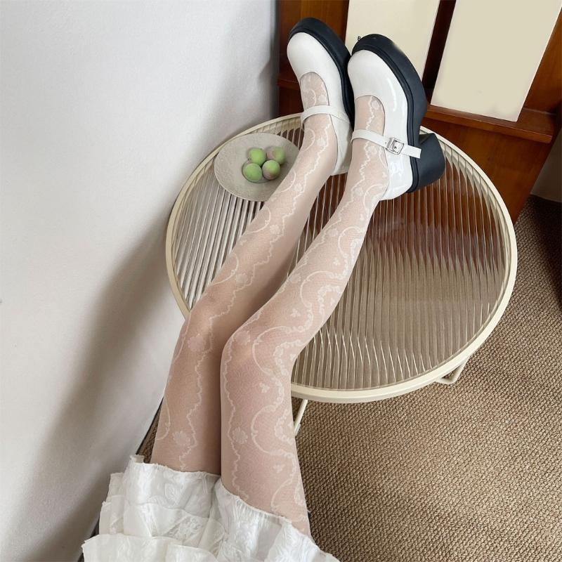 Sheer Mesh Pantyhose Stockings for Women French Elegant Aesthetic Floral Lace Patterned Tights Thin Leggings Hosiery
