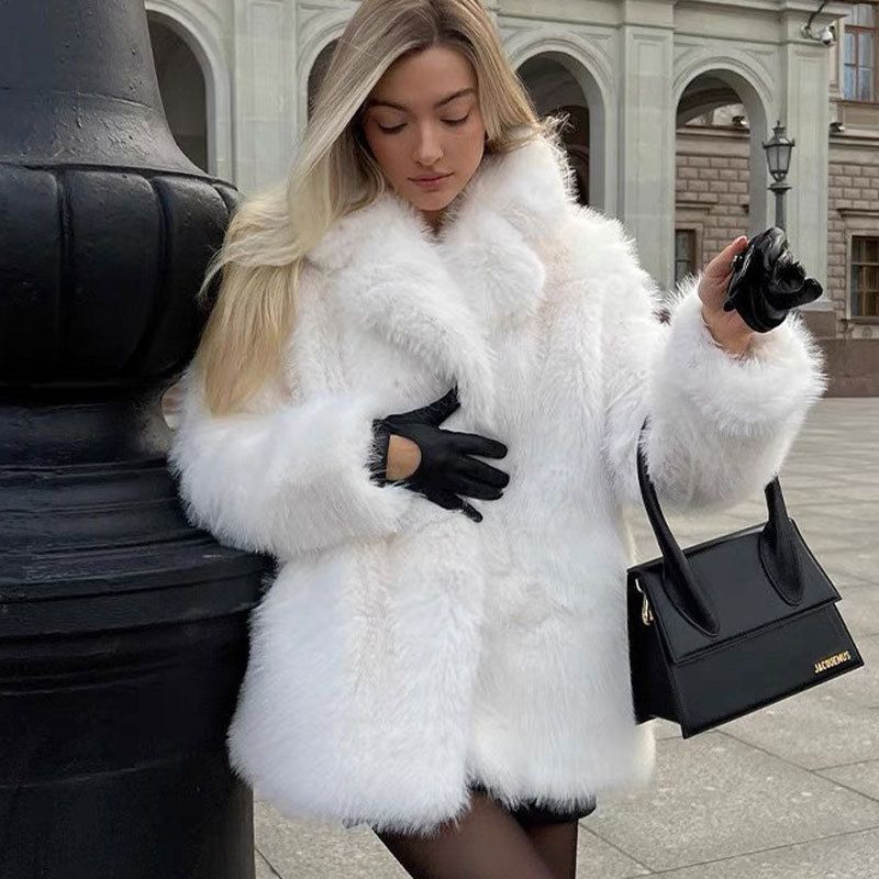 Autumn and Winter Imitation Fox Hair Toka Fur Coat Suit Collar Medium and Long Wool Coat Women's Trend