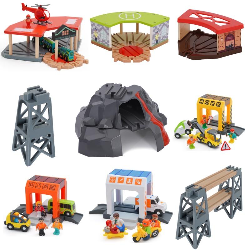 Car Wash Rail Car Set Train Scene Children Fire Station Police Station Simulation Toy  Station Bridge Wooden Train Tracks Toys