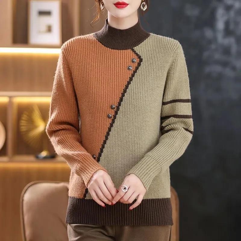 Pull Femme Autumn Winter Women's Sweater High Collar Female Knitted Tops Button Splice Warm Casual Pullovers Outwear