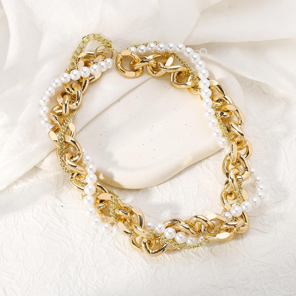 Tooxika Exaggerated Metal Style Pearl Stacking Necklace Women Light Luxury Antique Necklace