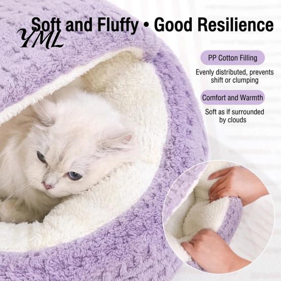Warm Plush Bed for Kittens Large Cats Covered Cat Bed, Semi Enclosed Cave Hooded Self Warming with Non-Slip Bottom Indoor Small Medium Hideout