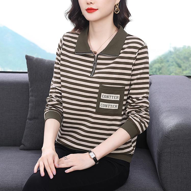 Women's Spring and Autumn Installation New T -shirt Middle -aged Fashion Foreign Lapel Stripe Long -sleeved Long -sleeved Shirt
