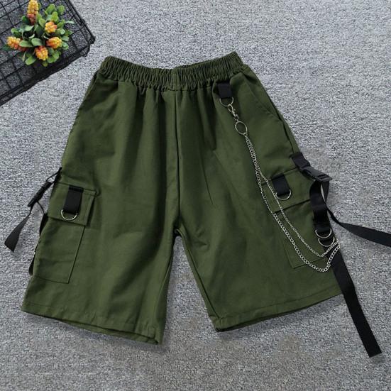 Mid-Rise Elastic Waistband Multi Pockets Chain Strap Decor Men Shorts Outdoor Fitness Cargo Short Pants