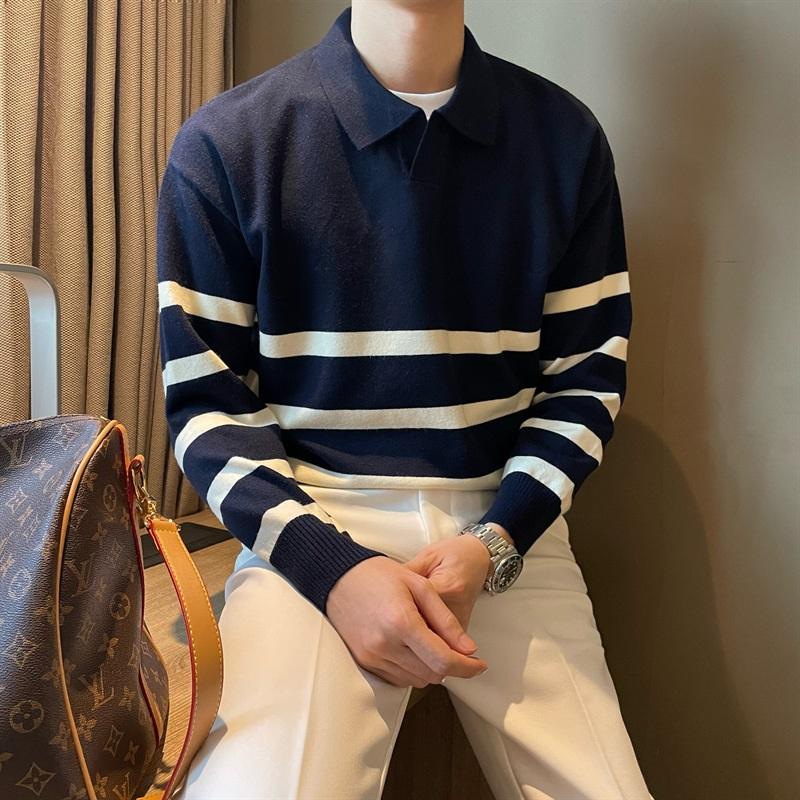 Striped Polo Collar Knitted Sweater For Men's Autumn And Winter Loose Casual Sweater Business Commuting Top