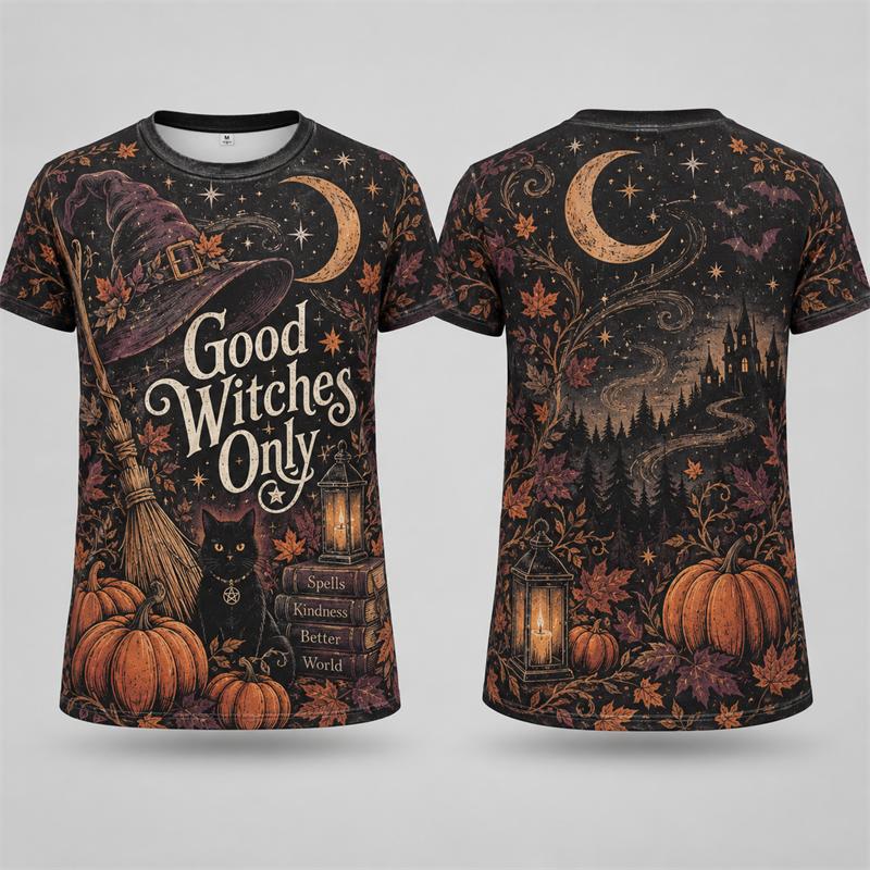 Vintage Gothic Halloween T Shirt Men Women 3D Print Pumpkin Ghost Witch Black Cat Raven Moon Graphic Short Sleeve Tees Tops