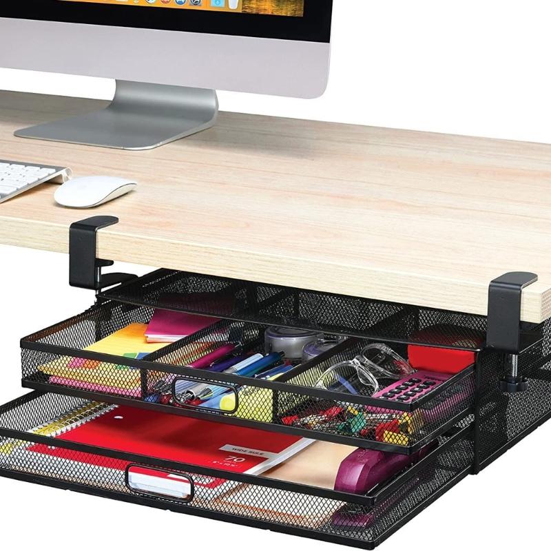 Ergonomic Office Drawer Storage Unit Black Metal Construction Double Access Compartments Under Desk Organizer