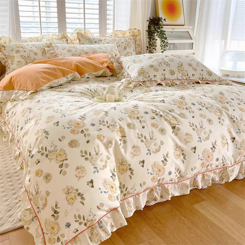 Princess Style Ruffles 100% Cotton Quilt Cover Set or Single Quilt Covers Floral Soft Duvet Cover Cotton Cute Comforter Covers