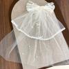 Bow Veil Hair Clip Beads White Bridal Tulle Elegant Girls Head Gauze  Engagement