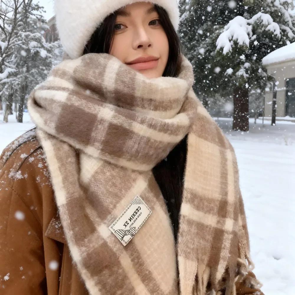 Pink Plaid Mohair Scarf Women'S  New Winter Korean Atmosphere Warm Versatile Shawl Scarf Women