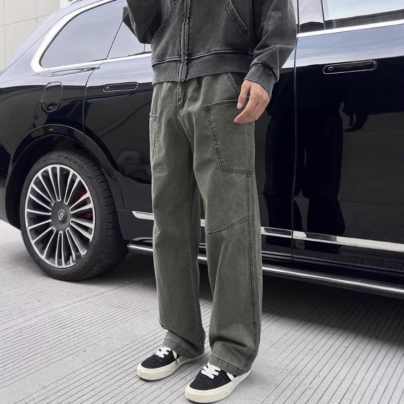 Retro Legergroen Rechte Overall Jongens Ontwerp met Meerdere Zakken Veelzijdige Casual Lange Broek
