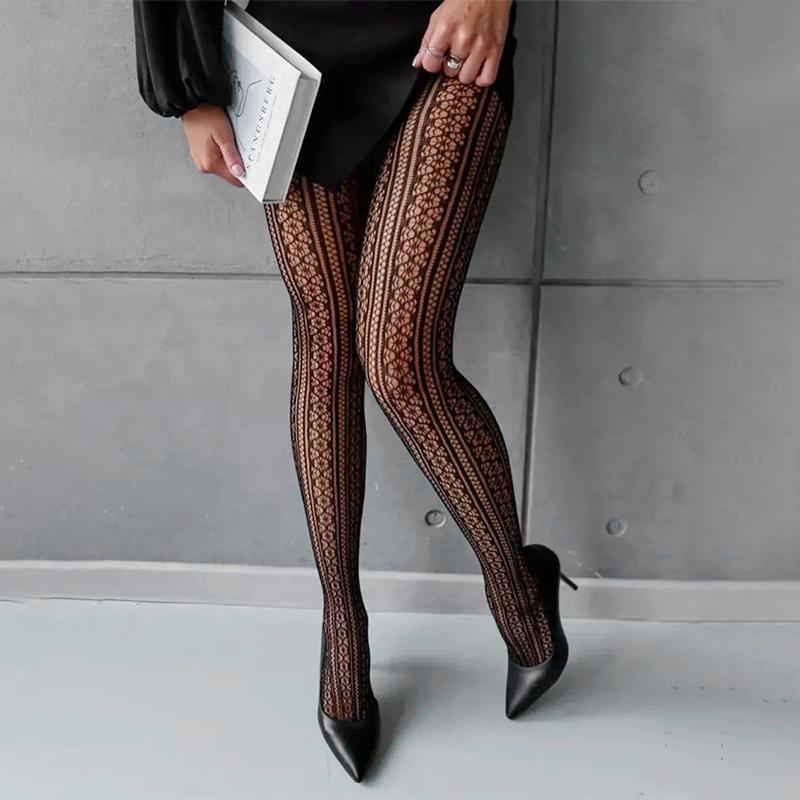 Women Retro Striped Jacquard Fishnet Black Pantyhose Sexy Elastic Hollow Out Nylon Tights Vintage Style