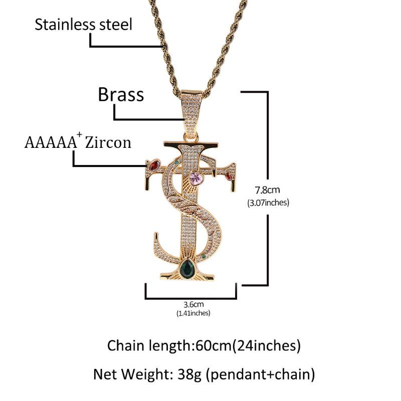 European and American Style Copper Inlaid Zircon TS Cross Pendant, Ai Zhiheng's Same Mixed Color Zircon Trendy Hip-hop Accessory Accessory