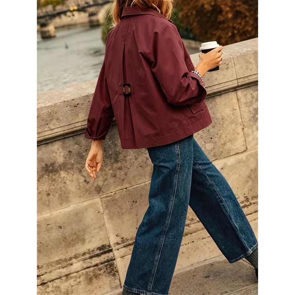 Women Lapel Collar Cropped Trench Jacket Single‑Breasted Long Sleeve Loose Casual Short Windbreaker Outerwear With Pockets