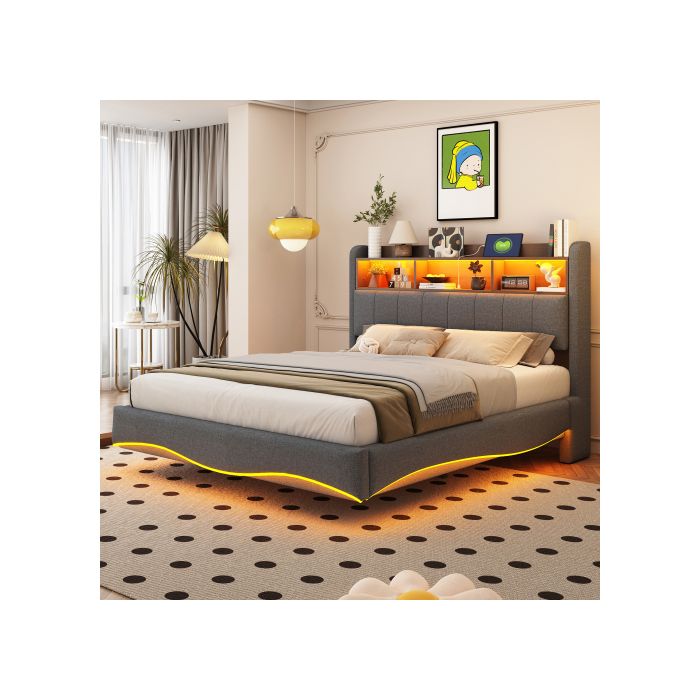 Pat de perete - MUVOE - 140x200 - Țesătură in gri - Depozitare cu iluminare LED - Porturi USB și Type-C