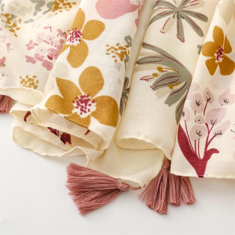 Elegant Beige Floral Tassel Shawl - Cotton Linen Feel Satin Scarf