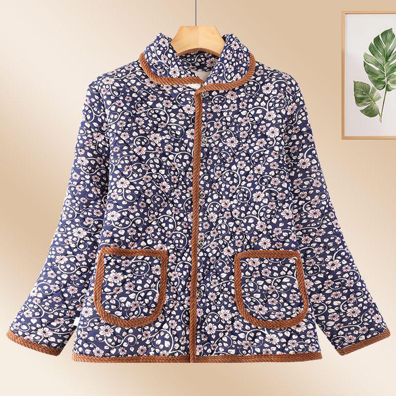 Floral Lapel Cotton Padded Jacket: Thick, Short Style for Middle-Aged and Elderly Women, Perfect for Autumn and Winter.